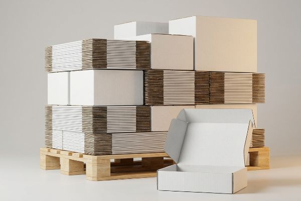 Blanko-weiße Verpackungspalette Weiße Wellpappkartons, flach verpackt und montiert, gestapelt auf einer Holzpalette, mit einem offenen Karton, für Großbestellungen.