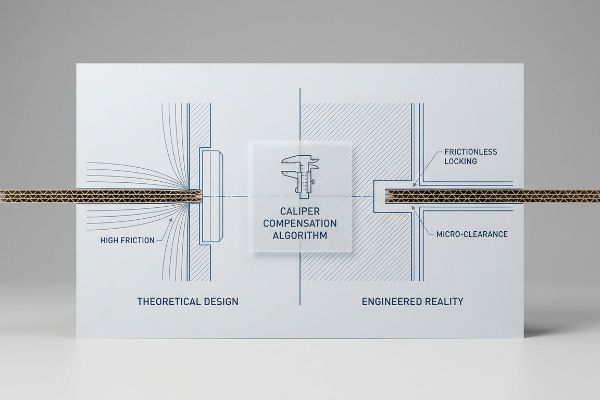 Caliper Compensation Algorithm Caliper Compensation Algorithm diagram, showing high friction vs. frictionless locking and micro-clearance.