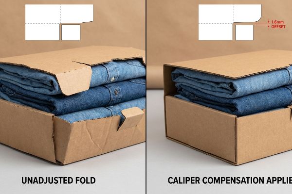Corrugated box comparison: Unadjusted Fold with misaligned tabs vs. Caliper Compensation Applied with 1.6mm Offset, both holding folded denim.