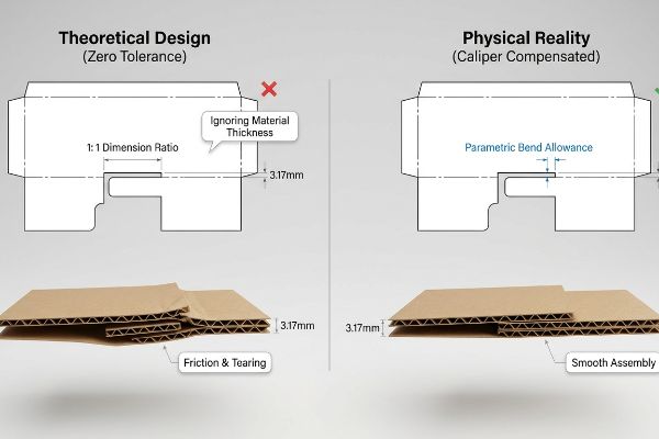Caliper Compensation Bend Allowance Corrugated board: Theoretical Design causes friction; Caliper Compensated Physical Reality ensures smooth assembly.
