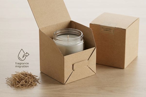 Brown Kraft paperboard box with a glass candle, showing 'Fragrance Migration' icon and 'Eva Hot-Melt Adhesive' label.