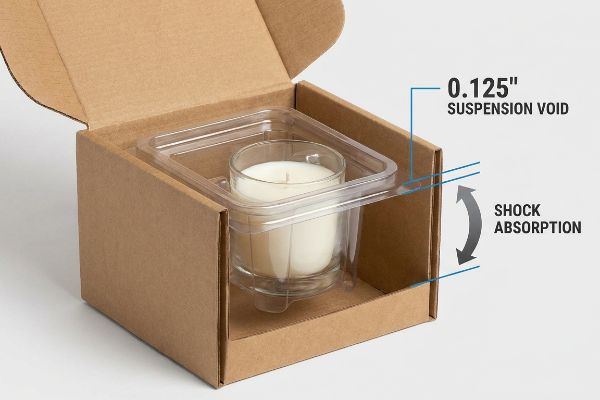 Brown cardboard box with a candle in a glass jar, secured by a clear thermoformed insert, showing 0.125-inch Suspension Void and Shock Absorption.
