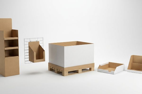 Corrugated Display Box Variety A collection of corrugated cardboard display boxes, including a floor stand, sidekick, pallet skirt, and shelf-ready trays.