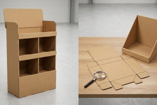 Corrugated Display Dieline Audit Natural brown corrugated cardboard floor display and a flat dieline with a magnifying glass next to an assembled countertop unit, illustrating different display box types.