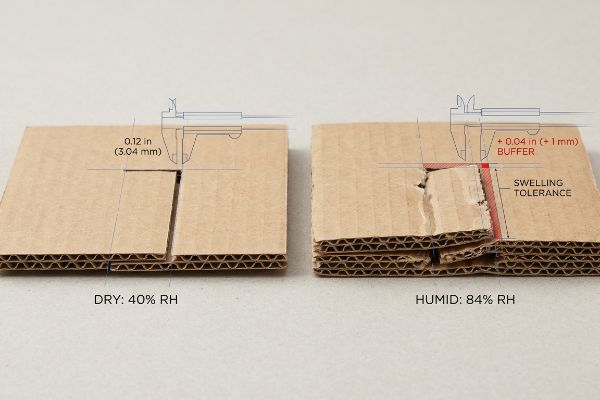Corrugated cardboard humidity effect: Dry 40% RH 0.12in slot vs. Humid 84% RH 0.04in buffer, swelling tolerance.