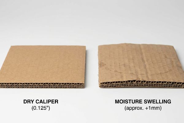 Cardboard Moisture Swelling Caliper Two corrugated cardboard samples, one showing Dry Caliper (0.125") and the other Moisture Swelling (approx. +1mm) with visible warping.