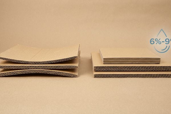 Corrugated cardboard sheets show moisture warp with bowed panels contrasting flat ones, emphasizing the ideal 6%-9% moisture content.