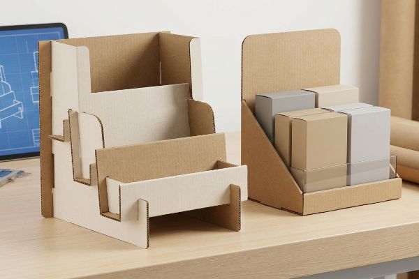 Corrugated cardboard tiered POP display and counter merchandiser with product boxes on a wooden desk near a blueprint tablet.