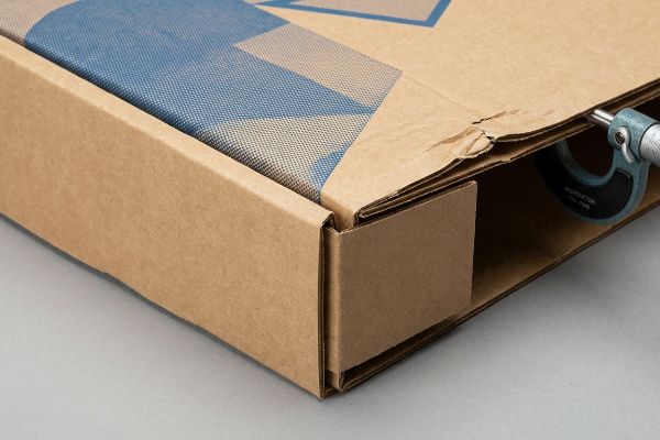 Corrugated Board Thickness Micrometer Brown corrugated cardboard packaging being measured by a micrometer, highlighting bend allowance and caliper compensation for custom dielines.
