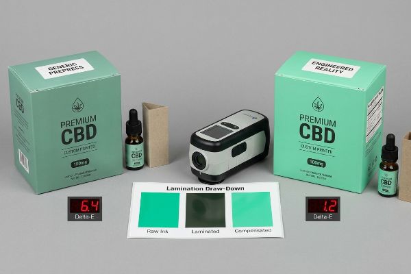 Lamination Draw Down Delta E Delta-E 6.4 (Generic Prepress) vs. 1.2 (Engineered Reality) on Premium CBD boxes.