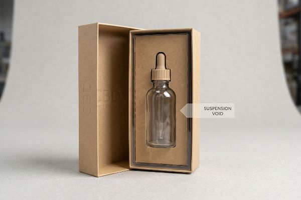 Cbd Tincture Suspension Void Kraft paper box with clear glass dropper bottle in custom insert, highlighting Suspension Void for kinetic shock absorption, 'Cbd Premium' embossed.