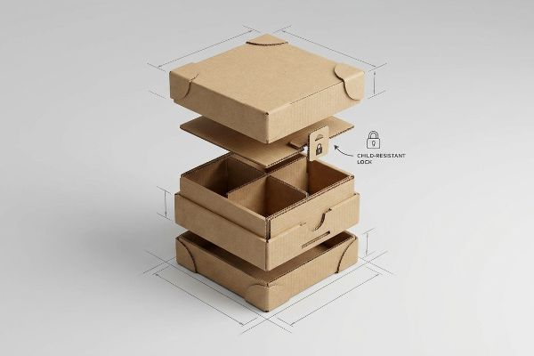 Cardboard Child Resistant Lock Exploded view of child-resistant cardboard marijuana packaging, showcasing internal dividers and the Child-Resistant Lock.