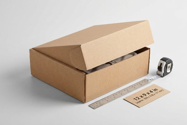 12x9x4 Inch Box Dimensions.Webp Brown cardboard shipping box, partially open, with ruler, tape, and card '12 x 9 x 4 In (Approx 304 x 228 x 101 Mm)'.