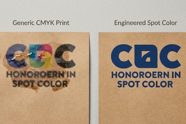 Cmyk Halftone Mud Spot Color Crisp Brown kraft paper shows muddy Generic CMYK Print with halftone dots vs. crisp Engineered Spot Color for Honoroern In Spot Color logo.