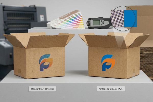 Cmyk Pantone Halftone Comparison Two corrugated boxes display logo consistency: Standard CMYK Process shows halftone dots, while Pantone Spot Color (PMS) delivers solid pigment.