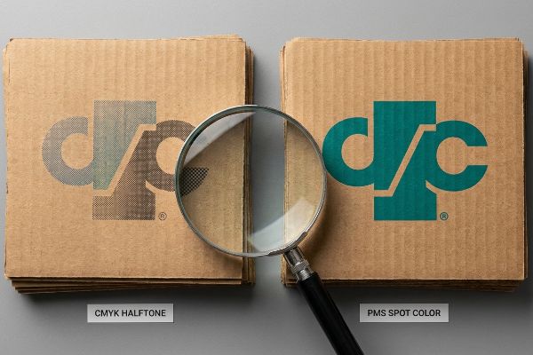 Corrugated cardboard squares display a d/c logo print comparison: grainy CMYK Halftone versus vibrant PMS Spot Color, magnified.