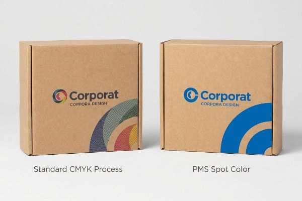 Two brown cardboard boxes display "Corporat Corpora Design" logos, contrasting Standard CMYK Process and vibrant PMS Spot Color printing.