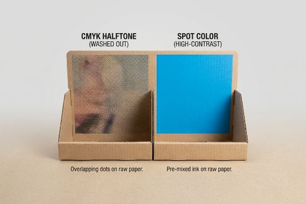 CMYK vs Spot Color Corrugated cardboard display comparing Cmyk Halftone (washed out, overlapping dots) with Spot Color (high-contrast, pre-mixed ink) on raw paper.
