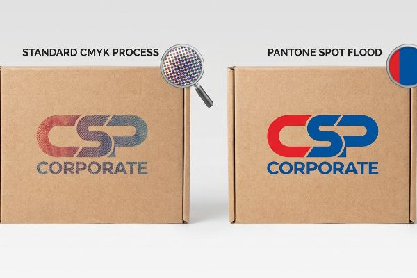Brown corrugated boxes compare washed-out Standard CMYK Process and vibrant Pantone Spot Flood printing for the CSP Corporate logo.