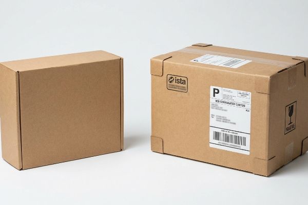 Commercial Corrugated Shipping Boxes Two brown cardboard shipping boxes, one with an ISTA-certified B2B Corrugated Carton label, highlighting commercial packaging.