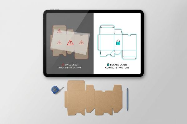 Tablet shows box dieline comparison: 'Broken Structure' (unlocked) vs. 'Correct Structure' (locked). Kraft dieline, tape, pencil.