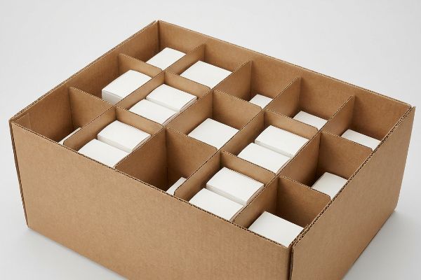 Inside a corrugated bin, brown cardboard divider inserts neatly organize multiple white product packages, preventing damage.