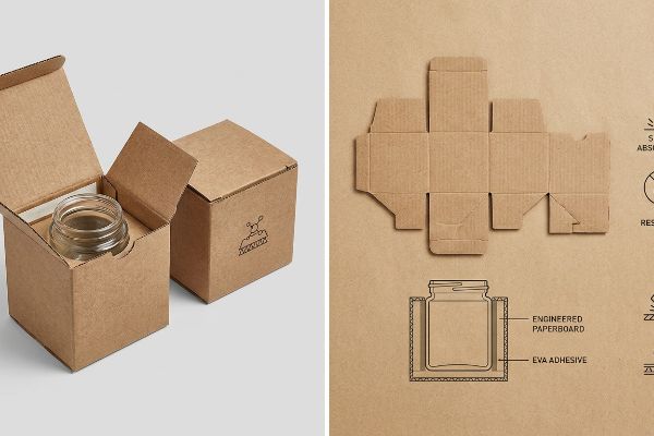Corrugated Glass Jar Packaging 1 An open brown corrugated paperboard box protects a glass jar with a custom insert, next to a closed box displaying a small logo.