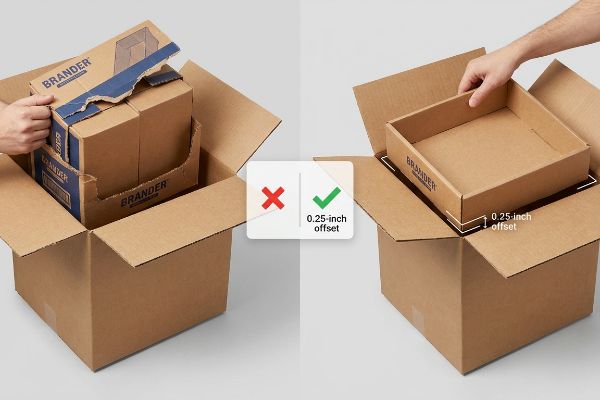Corrugated Box 0 25 Inch Offset Corrugated cardboard boxes illustrating a 0.25-inch offset for Brander retail-ready trays, preventing tearing during unpacking.