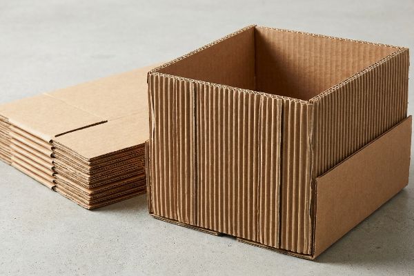 An assembled corrugated box with vertical flutes stands beside a stack of flat-pack unassembled packaging.