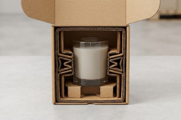 An open corrugated shipping box with a white glass candle secured by protective inserts, ideal for fragile item transit.