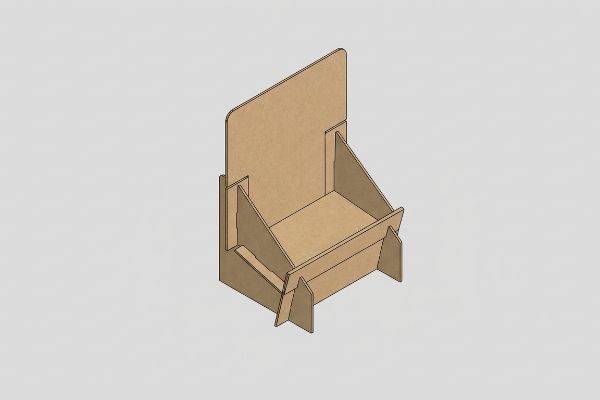 Isometric Corrugated Display Render An isometric view shows an empty, brown corrugated cardboard point-of-purchase display stand.