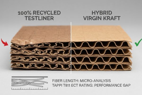 Corrugated board cross-section comparing 100% Recycled Testliner's short fibers to Hybrid Virgin Kraft's long fibers, detailing Tappi T811 ECT.