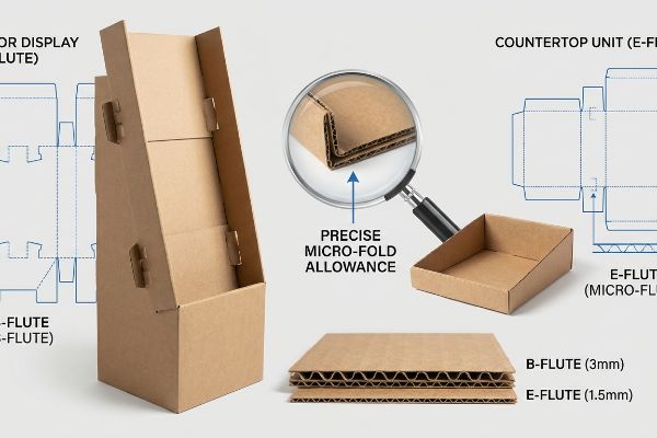 Corrugated cardboard displays demonstrate B-flute (3mm) for floor units and E-flute (1.5mm) for precise micro-fold allowance in countertop units.
