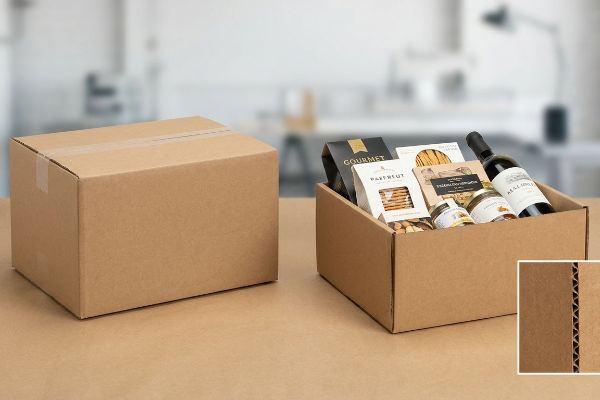 Corrugated Hamper Box Display Natural kraft corrugated HSC hamper box with gourmet food and wine, next to sealed shipping box, showing C-flute.
