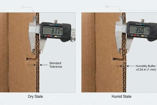 Corrugated Humidity Buffer Caliper Digital caliper measures corrugated board thickness: 3.17mm dry (Standard Tolerance) and 3.50mm humid (+1mm Humidity Buffer).