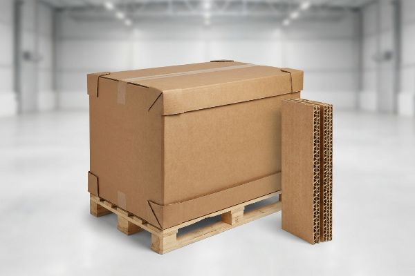 Master Carton Fluting Architecture Brown corrugated master carton on a wooden pallet, with exposed multi-layered fluting for dynamic transit packaging.