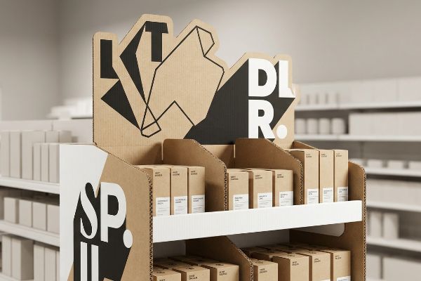 Corrugated Lt Dlr Display Corrugated cardboard display with bold die-cut shapes, black and white 'L T', 'D L R', 'S P I I' graphics, holding minimalist brown product boxes.