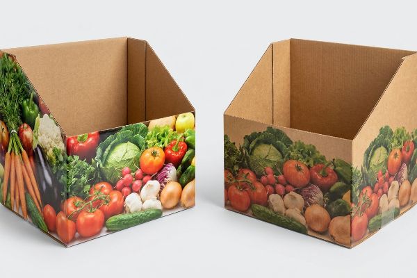 Two corrugated display bins feature vibrant, photo-realistic vegetable graphics, perfect for retail produce.