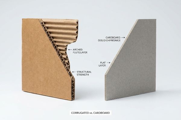 Corrugated board showing Arched Flute Layer and Structural Strength, contrasted with solid chipboard's Flat Layer, highlighting Corrugated vs. Cardboard.