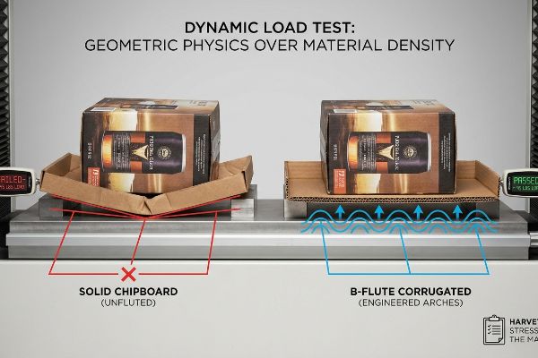 Chipboard Corrugated Load Test Solid chipboard fails a dynamic load test under a box of Piedmont Gold, while B-flute corrugated with engineered arches passes.