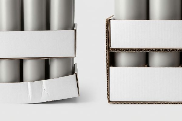 Corrugated E Flute Tray Bowing Corrugated E-flute retail trays on the right demonstrate structural integrity, contrasting with a bowing solid paperboard tray on the left.