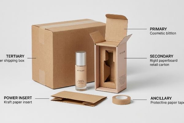 Mylab Creamy & Hydrating Gel cosmetic bottle, open Secondary rigid paperboard carton with insert, Tertiary shipping box, Kraft Paper Power Insert, and Ancillary protective paper tape.
