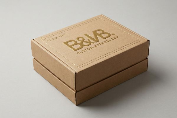 Apparel Box 0 25 Inch Measurement Brown kraft paper custom apparel box with gold foil B&VB. logo and 0.25" (6.35mm) dimension marking.