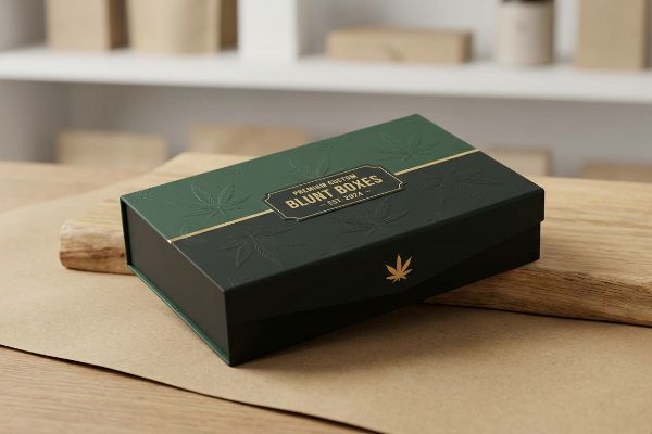 Dark green custom blunt box with embossed cannabis leaves, gold foil 'Premium Custom Blunt Boxes' label.