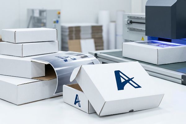 A UV direct printer processes custom white corrugated boxes with a dark blue 'A' logo, alongside stacks of boxes and litho-laminated rolls.