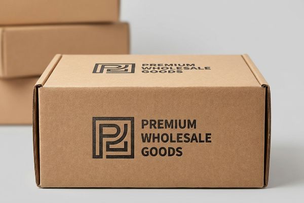 A brown corrugated cardboard box features a black P2 logo and 'Premium Wholesale Goods' text, showcasing custom branding.
