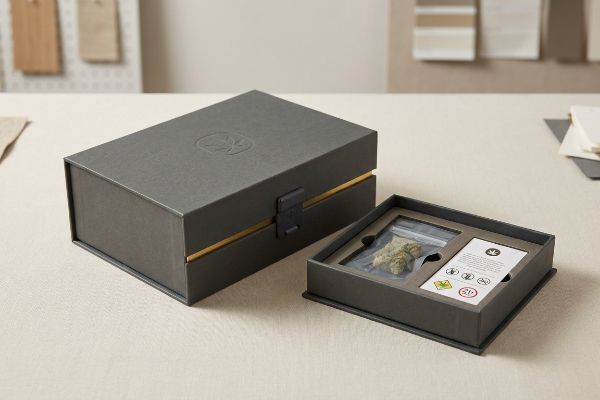 Premium dark grey custom marijuana packaging box with gold stripe, embossed leaf logo, open to reveal cannabis buds and warning card.