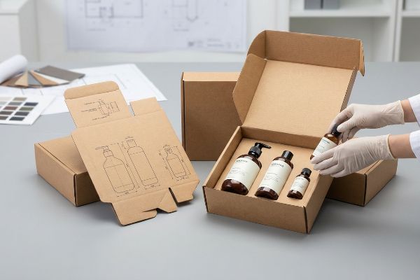 A gloved hand places a Salvea amber bottle into a custom brown cardboard shampoo box with die-cut inserts, showcasing packaging for varied bottle sizes, with bottle diagrams nearby.