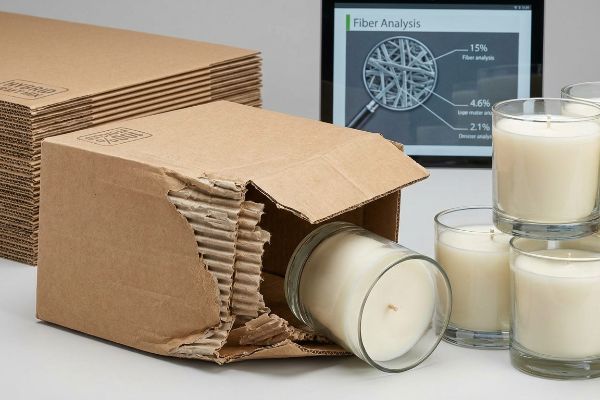 Damaged corrugated Hybrid Packer box, showing a fallen glass candle, with a tablet displaying Fiber Analysis and a stack of 100% Recycled sheets.