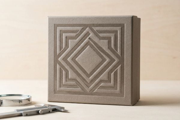 Grey debossed gift box featuring an intricate geometric pattern, with a metal caliper and ring partially visible on a light wooden surface.